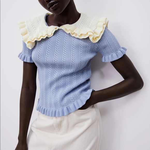 NWT ZARA Bib Collar Contrast Knit Sweater S - Picture 4 of 4